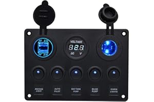 VACANON 5 Gang Switch Panel for 12V-24V Vehicles Toggle Switch Panel with LED light, Dual USB Charger Port 4.2A, Lighter Socket + Digital Voltmeter Display for Car Trunk Boat Campervan