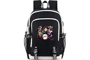 Roffatide Anime Demon Slayer Sac à Dos Garçons Imprimé Cartable Sac À Dos Pour Ordinateur Portable avec Port de Charge USB et Casque Noir