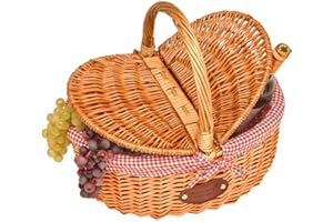 Les Jardins de la Comtesse - Cesta de Mimbre Campagne - Para Picnic o para Una Salida Al Mercado - Tejido Vichy Rojo - 40 x 31 x 20 cm