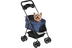 PawHut Cochecito para Perros Plegable Carrito para Perros Pequeños con Ruedas Universales Cesta de Almacenaje Correas de Seguridad y Ventana 67x45x96 cm Azul Oscuro