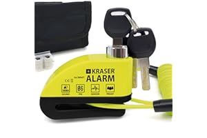 KRASER WA6Y Motorcycle Alarm Disc Lock 110dB, Reinforced Waterproof Security Lock, 5ft Reminder Cable, Carry Pouch, 6mm Universal Anti Theft Wheel Brake Lock for Scooter, Bicycle, Electric Bike