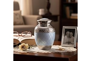 eSplanade Tarro Conmemorativo de Urna de Cremación de Metal, Tamaño Mediano para Entierro de Cenizas Funerarias, Grabado, Azul, 6 Pulgadas