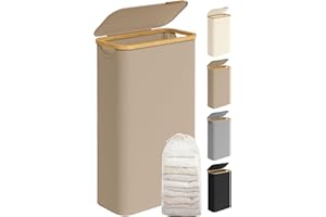 SONGMICS Cesto Portabiancheria con Coperchio, Cesta per Bucato, 65L, Salvaspazio, Sacco Rimovibile, Tessuto Oxford, Manici di Bambù, Pieghevole, 42 x 22,5 x 70,5 cm, Marrone Cammello LCB506N02