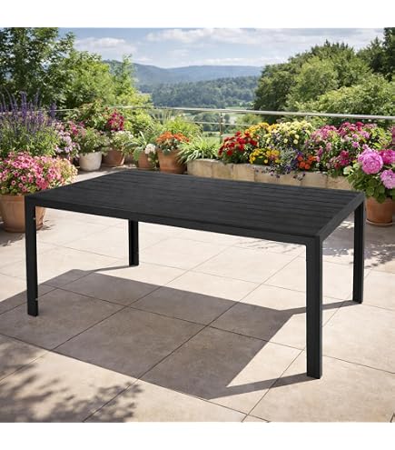 FineHome Großer Aluminium Gartentisch 180x90cm anthrazit/schwarz Esstisch Gartenmöbel Tisch Non Wood Holzimitat wetterfest und pflegeleicht