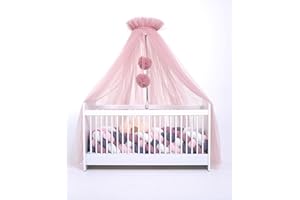 BABY FANCYROOM Babybetthimmel aus Tüll, Betthimmel für Babybett, Prinzessin Babywiege, Beistellbett Baby, Moskitonetz, Babyzimmer Deko, Baldachin Kinderzimmer 165cm lang, mit Pompons, Taupe (Altrosa)