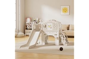 VUECER Tobogán para Niños Pequeños con Escalera: Zona de Juegos Interior y Exterior con Caja de Almacenamiento Túnel Escalera Aro de Baloncesto y Zona de Paso Tobogán de Jardín (SDW-L-Mocha)