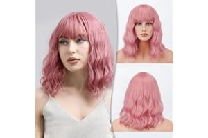 ‎BARSDAR BARSDAR Kurze Bob Perücken mit Pony Schulterlange Frauen Kurze Perücke lockige gewellte synthetische Cosplay Perücke für Mädchen Kostüm Bunte natürliche gewellte Perücken Rosa