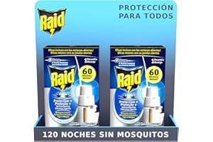 Raid ® Pack de 2 Recambios Eléctrico Líquido Protección+ 60 noches - Cargadores para aparato anti mosquitos comunes y tigre con difusor regulable, Hasta 120 noches de protección, 2 Unidades