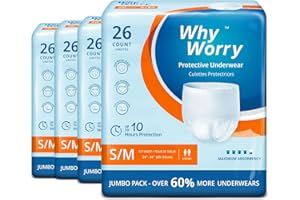 WhyWorry Culottes Incontinence pour Homme et Femme, Couche Culotte Adultes pour Fuites Urinaires, Slips Absorbants Jetables, Contrôle des Odeurs, Unisexe, Taille S/M, 104 Unités (4 Lot de 26)