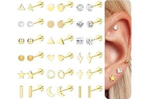 CASSIECA 18 Pares Pendientes Cartílago Oreja de Acero Inoxidable para Mujeres Hombres Pendientes Corazon Estrellas Luna Flor CZ Piercing Conch Tragus Helix Piercing Joyería Plata Oro