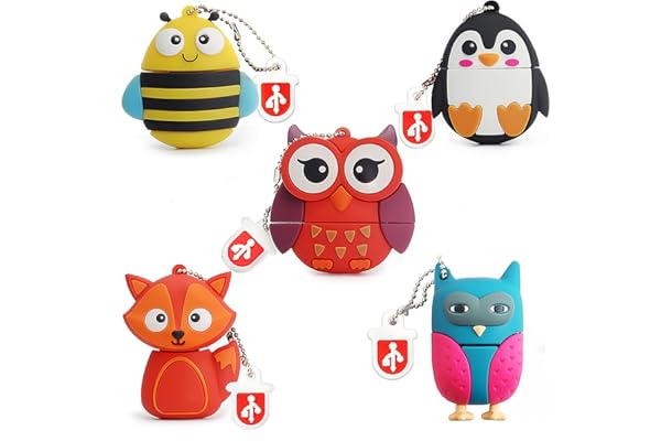 【5 Piezas】 LEIZHAN Memoria USB 32GB Animales Pendrive USB Silicona Impermeable Flash Drive Memorias Regalo para Niños-Zorro Abeja Búho Pingüino