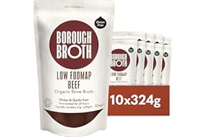 Low FODMAP Beef Bone Broth by Borough Broth - Organic Broth - Onion and Garlic Free - Grass-Fed Beef Bones & British Spring Water - Source of Collagen & Protein - Delivered Chilled - 10x324g