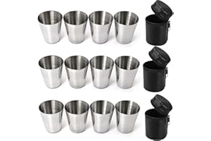 Spldsun 12 Stück Flachmann Becher, Edelstahl Becher, Stapelbare Schnapsbecher mit Leder-Tasche, Ideales Flachmann-Zubehör, Tolle Geschenk-Idee