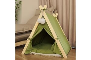 KHCY Cat Tent & Dog Tent, Wooden Triangular Pet House with Soft Cushion, Removable Door Flap, Cozy Indoor Shelter for Cats & Dogs 60×55×63 CM - Green