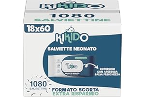 Kikido Salviette Umidificate - 1080 Salviettine Neonato, 18 Confezioni da 60 Salviette Baby - Salviettine per Pelli Sensibili Made in Italy - Formato Scorta, Prima Infanzia