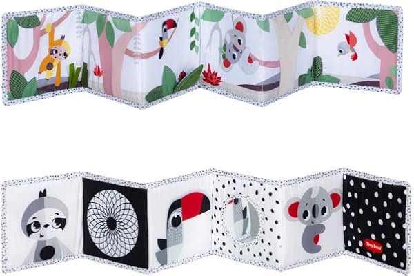 Tiny Love Livre Bebe en Tissu Double Face, dès la Naissance, Livre Sensoriel Bebe, Noir & Blanc, 7 Activités Ludiques, Favorise l'Éveil des Sens, la Vue et le Jeu à Plat Ventre, Boho Chic