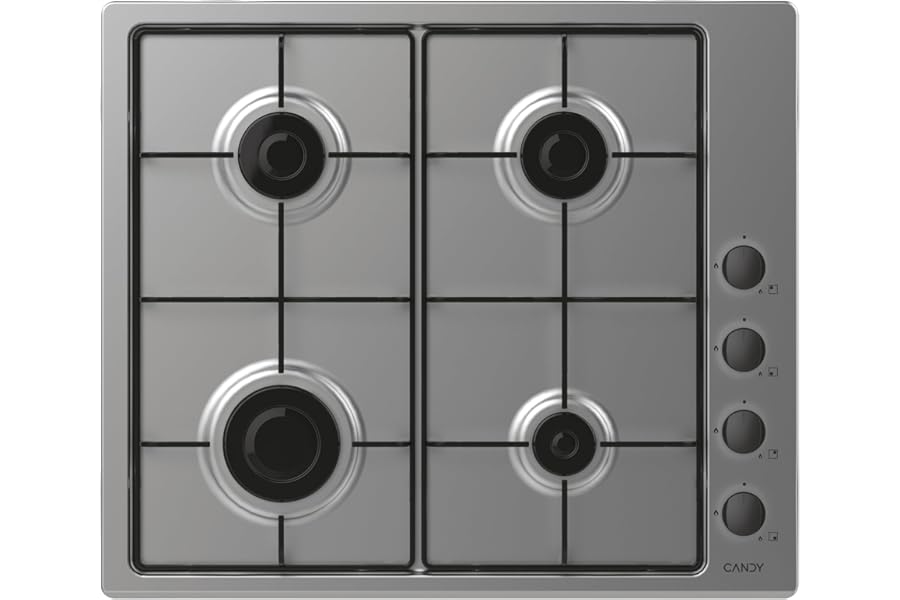 Candy CHW6LBX Gas Hob, 4 Burners, Built-in, Metal Grills, Safety Valve, 59.5 x 51 x 8 cm, Stainless Steel