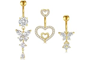 NIUSIMAN 3 piezas Piercing ombligo,14G ombligo Piercing de acero quirúrgico de plata oro CZ corazón mariposa ombligo joyería bola de cristal ombligo Piercing largo Barbell Set para Mujeres