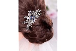 BERYUAN Women Sapphire Crystal Blue Flower Headpiece Leaf Pearl Hair Vine Comb Silver Wedding Hair Accessory Gift for Her Party Headpiece for Bride Bridesmaid Girls (silver)