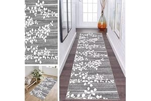 ‎ZDYHMRJ ZDYHMrj Läufer Teppich Flur Küche Waschbar rutschfest 60 * 250cm, Grau und Weiß Moderne Blattmuster Lang Teppichmatte Dauerhaft Fur Korridor Wohnzimmer Schlafzimmer Meterware Anpassbar