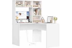 ‎FIRFURD FirFurd Biurko komputerowe w kształcie litery L, białe stanowisko robocze z półkami do przechowywania, drewniane, biurowe, do nauki, narożne biurko 107,8 x 124,7 x 152,5 cm