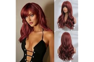 Honygebia Peluca Rojo Oscuro con Flequillo - Pelucas Burdeos para Mujeres, Cabello Largo y Recto en Capas de Color Rojo Vino, Realista y Sintético, Resistente al Calor, Ideal para Halloween/Fiesta