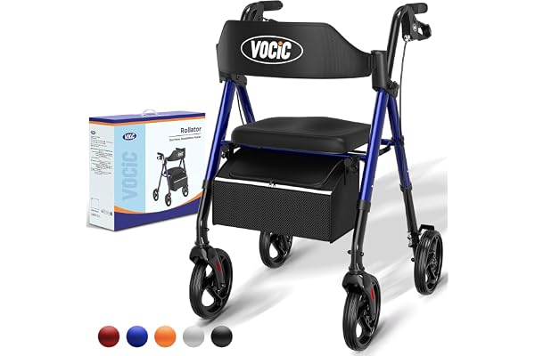 VOCIC deambulateur 4 roues pliable leger,Rollator en aluminium léger avec siège,Pour tous les terrains, Siège réglable en hauteur,Se range facilement dans le coffre,Bleu Saphir | Garantie de 5 ans