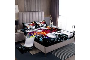 Loussiesd Juego de sábanas de juegos con estampado de videojuegos de acuarela, juego de ropa de cama de 4 piezas, incluye 1 sábana y 1 sábana encimera con 2 fundas de almohada, tamaño King suave