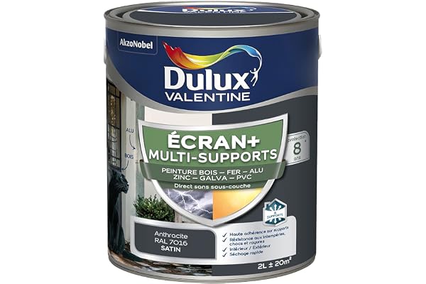 Dulux Valentine ECRAN+ MULTI-SUPPORTS EXTERIEURE - Peinture en Phase Aqueuse pour l'Éxtérieur et l 'Intérieur - Satin Gris Anthracite 2 L