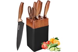 FACIACC 7 Pcs Kitchen Knife Set with Block Sharp Stainless Steel Chef Knives Professional Kitchen Knife with Chefs, Slicing, Bread, Utility, Peel Knife and Scissors for Cutting, Chopping, Slicing