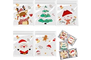 POPOYU 200 Pz Sacchetti Biscotti Natale,Sacchetto Trasparente Autoadesivo per Biscotto,Sacchetti per Caramelle di Cellophane,Sacchettini Alimentari Natalizi per Caramelle Regalo Natale,Feste