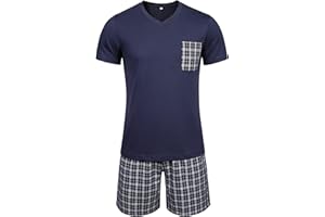 Winovia Men's Short Pyjamas 100% Cotton Short Sleeve Sleepwear Shorty Pyjamas Nightwear Set with Checked Trousers