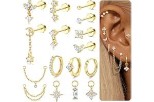 MILACOLATO Helix Piercing Jewellery Surgical Steel Earrings Hypoallergenic Flat Back Earring Stud Hoop Earrings Set Conch Piercings Silver Gold Cartilage Daith Tragus Piercing Jewellery Single PC