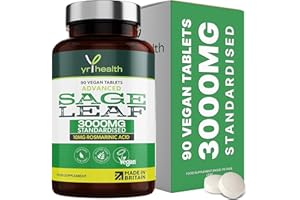 Sage Tablets 3000mg High Strength - 90 Vegan Tablets not Capsules - Standardised 10mg Rosmarinic Acid - Made in The UK by YrHealth