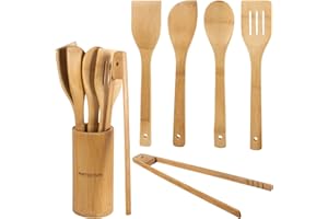 ARTECSIS Set de 5 Ustensiles de Cuisine + Pot - 100% Bambou/Cuillères, Spatules, Pince