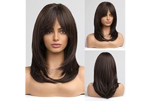 EMMOR brun foncé femmes perruque longueur épaule Layered perruque avec perruque en fibre synthétique résistant aux températures élevées