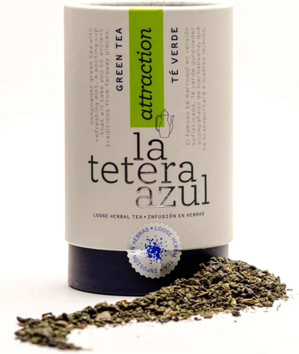 LA TETERA AZUL Té Verde Premium Gunpowder Con Hierbabuena. Té Verde Árabe Moruno Marroquí. Bote A Granel De 170 Gramos Para 68 Infusiones.