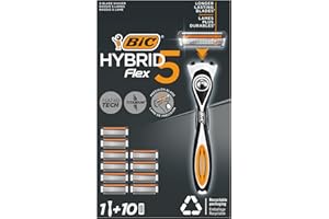 BIC Hybrid 5 Flex Maquinilla Recargable para Hombre, 1 Mango con Contrapeso y Recambios de Hojas Móviles Recubiertas de Titanio con Nanotecnología - Pack de 1+10