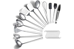 Set di utensili da cucina in acciaio inossidabile ReaNea 26 pezzi, robusti per impieghi gravosi con ganci, set di spatole in metallo lucidati a specchio durevoli per tutte le attività di cottura