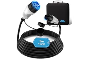 EVPEIWE Type 2 Câble de Recharge Voiture Electrique | 11kW | 16A | Triphasé | 5 Mètres | Câble Chargeur EV/PHEV pour Model S/X/Y/3 avec Sac de Transport, Certification CE TÜV