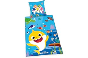 Herding Baby Shark pościel, poszewka na poduszkę ok. 80 x 80 cm, poszwa na kołdrę ok. 135 x 200 cm, z zapięciem na guziki, 100% bawełna, Renforcé