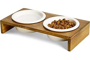 PETLINUS Gamelle Chat Surélevée Double - Gamelle Chat Céramique avec Support en Bois - Gamelle Chiot, Gamelle Chien Petit ou Bol Chat, Mangeoirs et Abreuvoirs - Acacia