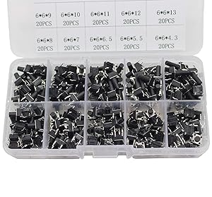 ARCELI Tactile Push Button Switch Micro Momentary Tact Assortment Kit-200 pcs 10 Value 6 MMX 6mm 4 Pin Micro Switches