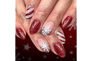 Calkkrer 24 Pezze Unghie Finte Corte Natale, Unghie Ovali Lucide, Unghie Artificiali Adesive, con French Manicure Rosso E Piccoli Fiocchi di Neve Strisce