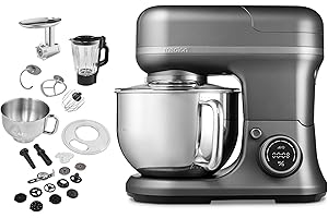 ‎MEDION MEDION Küchenmaschine (Mixer, Fleischwolf, 3 in 1, 5 Liter Edelstahlschüssel, 1.200 Watt, Reiben Raspeln Schneiden, Digitales Touch Display, Knetmaschine, Teigmaschine, MD18430) Titan