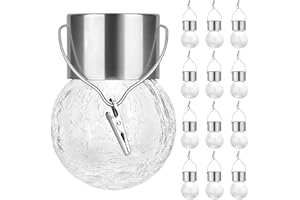 ZITFRI 12Pack Hanging Solar Lights Outdoor Solar Powered Decorative Crackle Glass Ball Lights Waterproof and Weatherproof Solar Globe Lantern with Handle and Clip for Garden Lawn Patio Path Party, Cold White