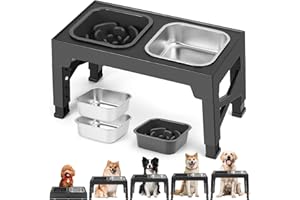 Romicta Comedero Perro Elevado de 5 Alturas Ajustables, 2 X 1400ml Comederos de Acero y 1 x 1100ml Comedero Perro Antivoracidad, Comederos Elevados para Perros Pequeños, Medianos y Grandes