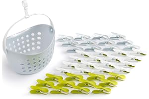 ‎CULICLEAN culiclean Wäscheklammern stabil ohne Abdruck Soft Clips 40 Stück grau grün weiß Korb grau mit Wäscheklammernkorb statt Beutel