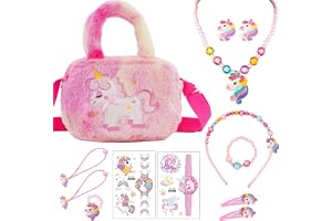 SOETDERT Enhörningshandväska, enhörnings-smyckesset, enhörningsbarnsmycken, halsband, armband, ring, hårspänne, födelsedagspresent för barn, för rollspel