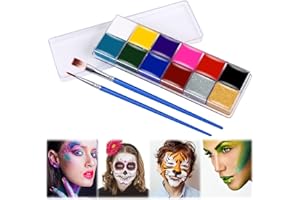 KUIRUNRX Visage Corps Peinture,Peinture Visage,Peinture Corporelle,Pour Halloween, Noël, Cadeau Parfait Pour Carnaval(12 Couleurs Body Painting, 2 Brosses)